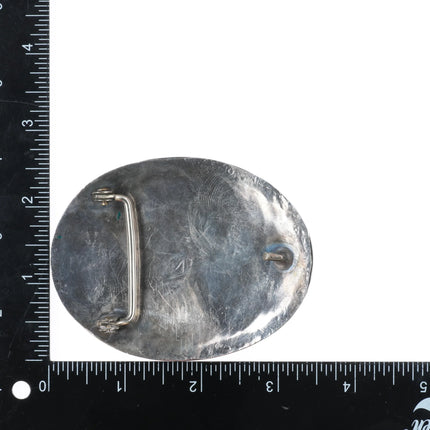 Large vintage Navajo sterling silver green turquoise belt buckle stamped border - Estate Fresh Austin