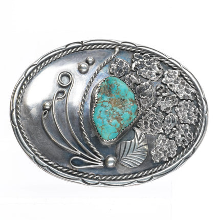 Large vintage Navajo sterling silver green turquoise belt buckle stamped border - Estate Fresh Austin