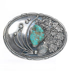 Large vintage Navajo sterling silver green turquoise belt buckle stamped border - Estate Fresh Austin