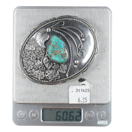 Large vintage Navajo sterling silver green turquoise belt buckle stamped border - Estate Fresh Austin