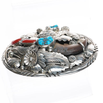 Large Thomas Navajo sterling silver, turquoise, coral bear belt buckle - Estate Fresh Austin