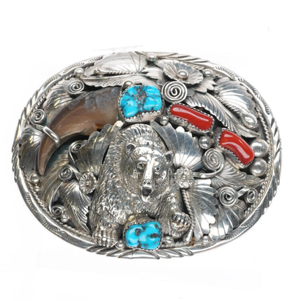 Large Thomas Navajo sterling silver, turquoise, coral bear belt buckle - Estate Fresh Austin