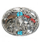 Large Thomas Navajo sterling silver, turquoise, coral bear belt buckle - Estate Fresh Austin