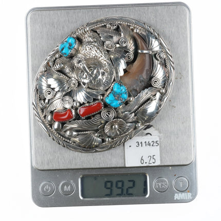 Large Thomas Navajo sterling silver, turquoise, coral bear belt buckle - Estate Fresh Austin