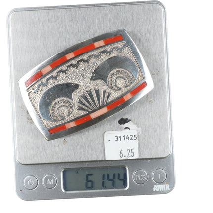 Richard Begay Navajo sterling silver, Mediterranean coral bears belt buckle - Estate Fresh Austin