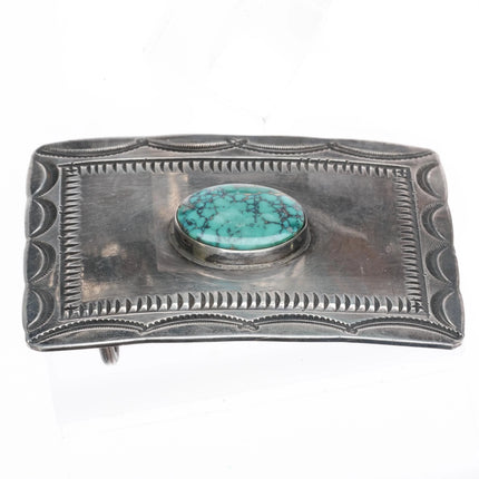 c1950 Navajo hand stamped sterling silver spiderweb pyrite turquoise belt buckle - Estate Fresh Austin