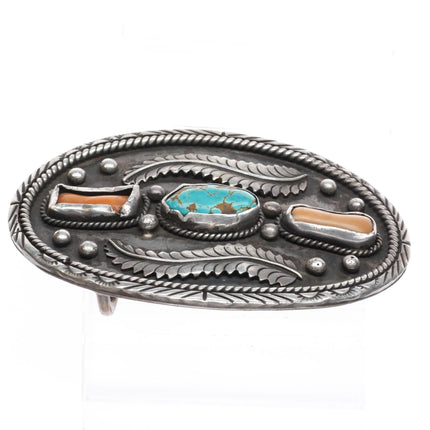 c1960 Huge AT Navajo sterling silver, turquoise, coral feather belt buckle - Estate Fresh Austin