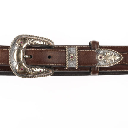 John McCabe 10k gold hand engraved sterling silver rubies Ranger belt buckle set - Estate Fresh Austin