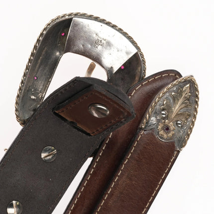 John McCabe 10k gold hand engraved sterling silver rubies Ranger belt buckle set - Estate Fresh Austin