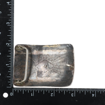 JS Vintage Navajo sterling silver turquoise belt buckle hand stamped - Estate Fresh Austin