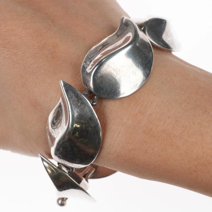 7.5" Retro Mexican modernist sterling silver chunky link bracelet leaf design - Estate Fresh Austin