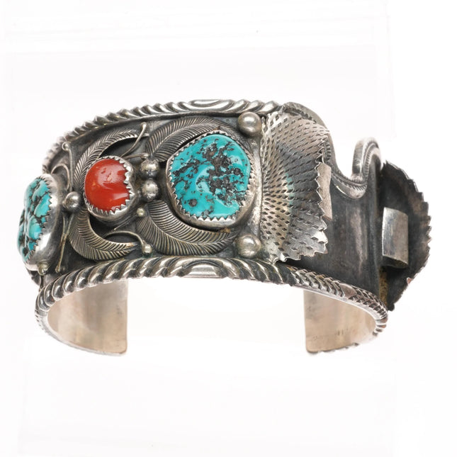 6.75" Navajo sterling silver, turquoise, coral nice vintage watch cuff bracelet - Estate Fresh Austin
