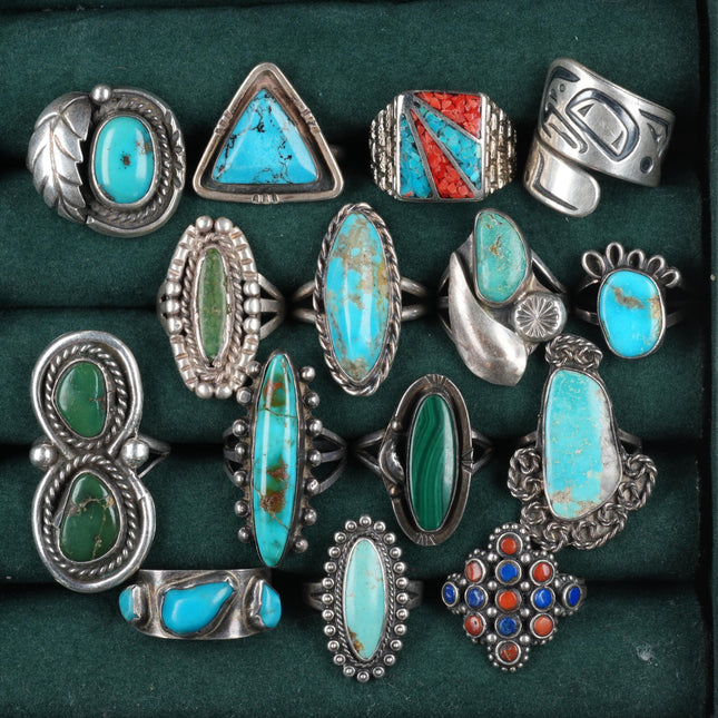 Sz5-10 vintage Collection sterling silver Turquoise/Coral Navajo, Zuni rings - Estate Fresh Austin