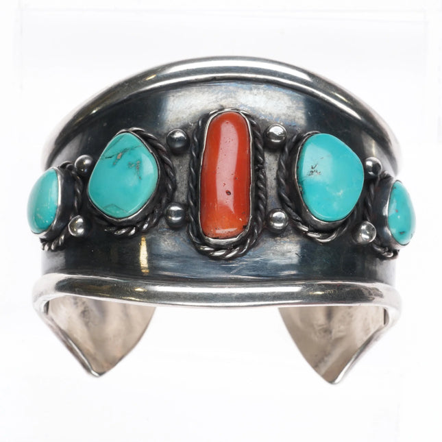 6.6" Vintage Navajo sterling silver, turquoise/coral wide band cuff bracelet - Estate Fresh Austin