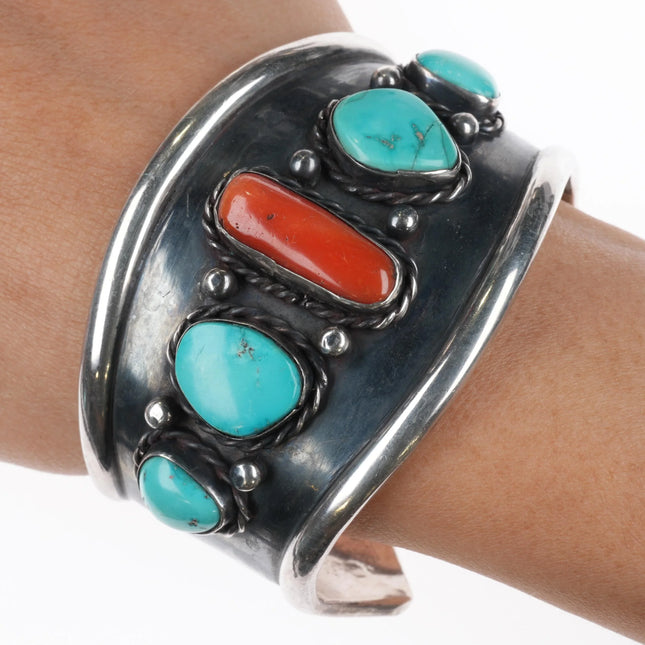 6.6" Vintage Navajo sterling silver, turquoise/coral wide band cuff bracelet - Estate Fresh Austin
