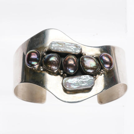 6.8" Retro Desert Rose Trading Sterling silver Baroque pearl cuff bracelet - Estate Fresh Austin