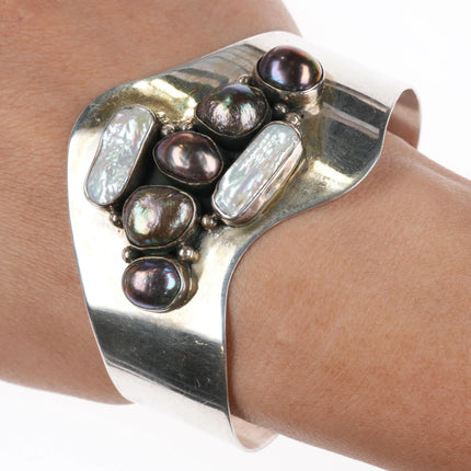 6.8" Retro Desert Rose Trading Sterling silver Baroque pearl cuff bracelet - Estate Fresh Austin