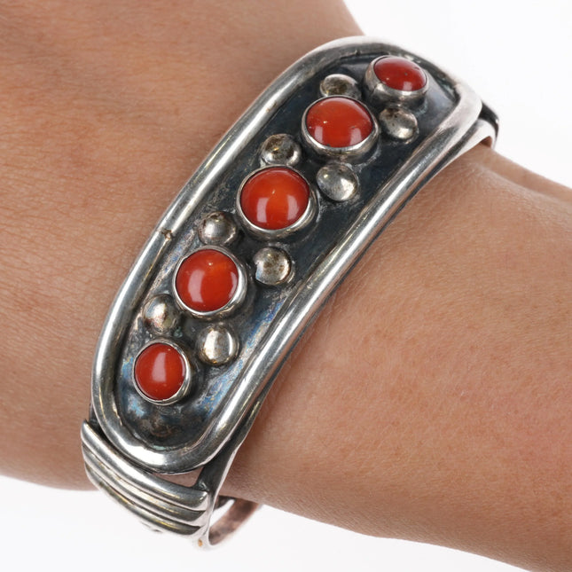 6.3" c1960's Vintage Modernist Navajo sterling silver coral row cuff bracelet - Estate Fresh Austin