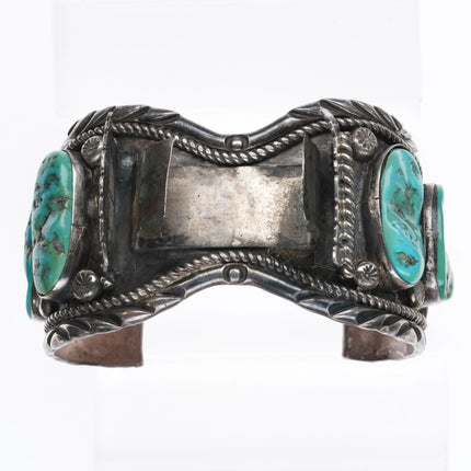 7.7" Vintage Navajo sterling silver, turquoise, shell, onyx watch cuff bracelet