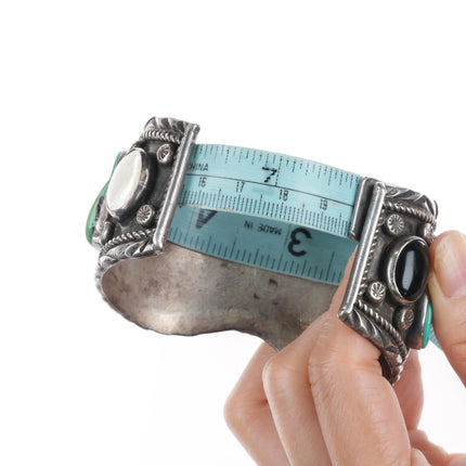 7.7" Vintage Navajo sterling silver, turquoise, shell, onyx watch cuff bracelet
