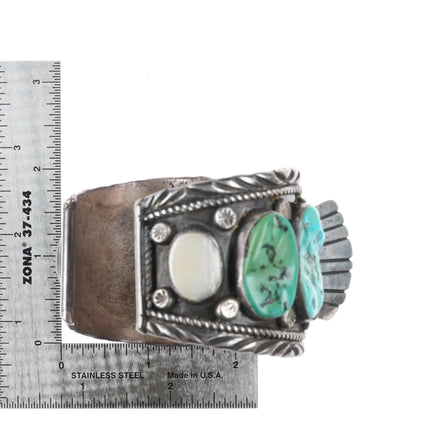 7.7" Vintage Navajo sterling silver, turquoise, shell, onyx watch cuff bracelet