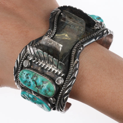 7.7" Vintage Navajo sterling silver, turquoise, shell, onyx watch cuff bracelet
