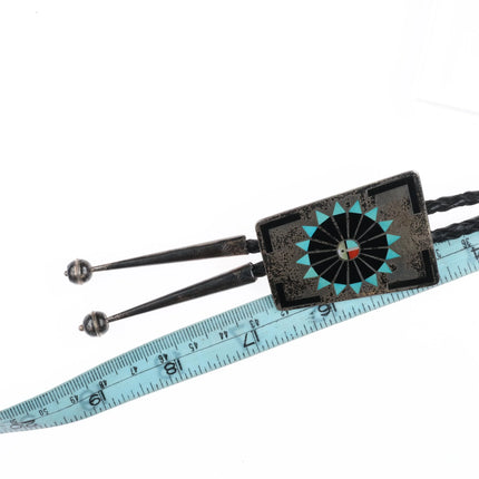 1970's Fred and Lolita Natachu Zuni sterling silver inlaid sunface bolo tie - Estate Fresh Austin