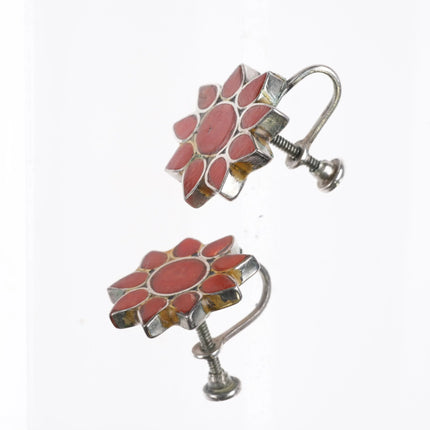 40's-50's Zuni Dishta Style flush inlay coral flower/sun sterling silver earring - Estate Fresh Austin
