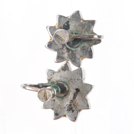 40's-50's Zuni Dishta Style flush inlay coral flower/sun sterling silver earring - Estate Fresh Austin