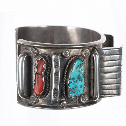 7.35" Vintage Zuni sterling silver, turquoise, coral large watch cuff bracelet