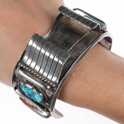 7.35" Vintage Zuni sterling silver, turquoise, coral large watch cuff bracelet