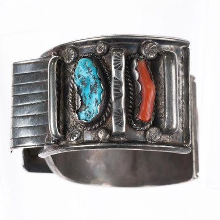 7.35" Vintage Zuni sterling silver, turquoise, coral large watch cuff bracelet
