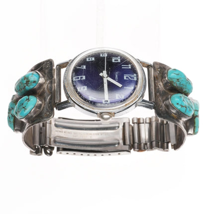 7" Navajo Hand Stamped sterling silver turquoise watch tips w/Timex windup