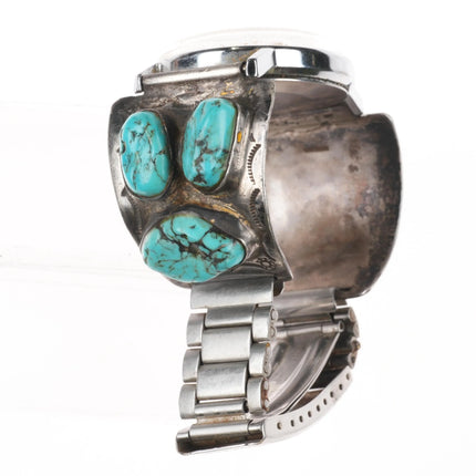 7" Navajo Hand Stamped sterling silver turquoise watch tips w/Timex windup