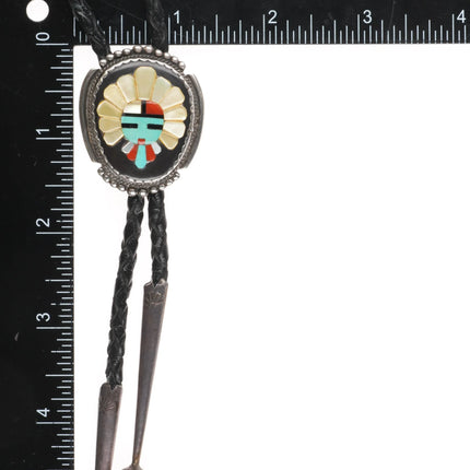 Vintage Bev Etsate Zuni sterling silver raised intarsia inlay kachina bolo tie