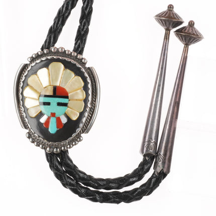 Vintage Bev Etsate Zuni sterling silver raised intarsia inlay kachina bolo tie