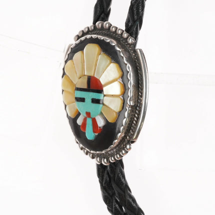 Vintage Bev Etsate Zuni sterling silver raised intarsia inlay kachina bolo tie
