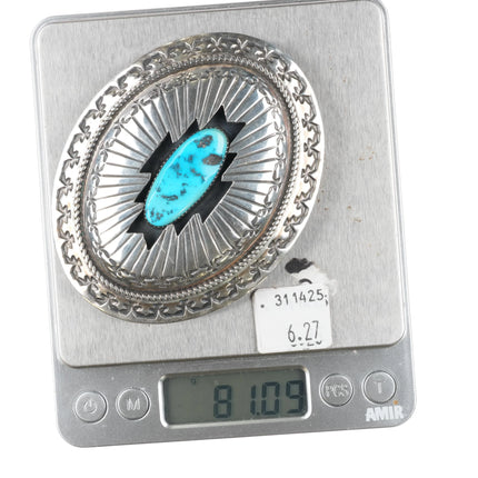 Large Wilbur Muskett Navajo sterling silver shadowbox turquoise belt buckle