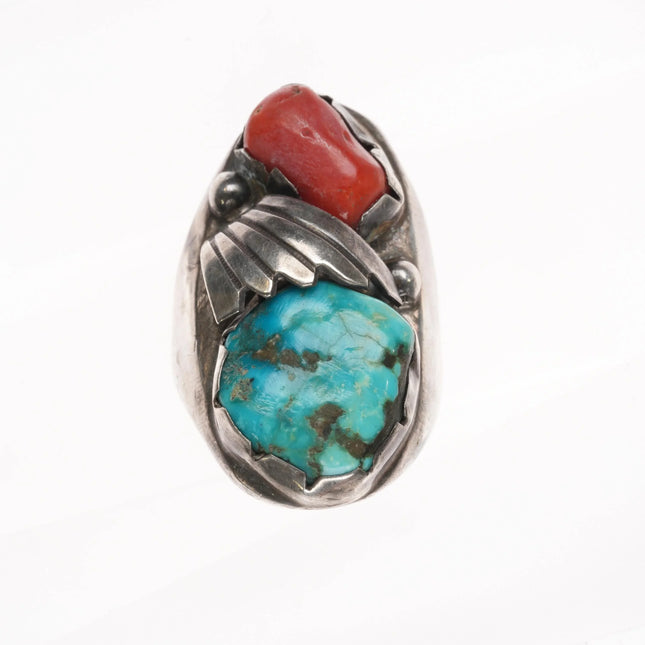 sz10.5 Huge Zuni simplicio family sterling silver, turquoise, coral ring