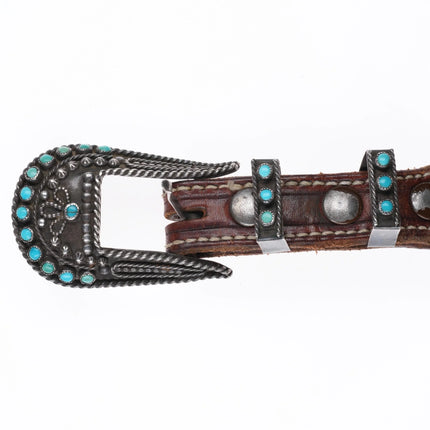 40's-50's Zuni Sterling silver snake eye turquoise ranger belt buckle set on 30" - Estate Fresh Austin