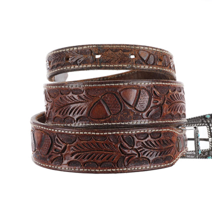 40's-50's Zuni Sterling silver snake eye turquoise ranger belt buckle set on 30" - Estate Fresh Austin