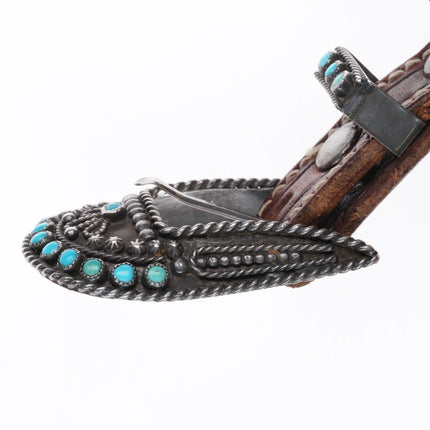 40's-50's Zuni Sterling silver snake eye turquoise ranger belt buckle set on 30" - Estate Fresh Austin