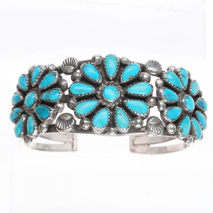 6.1" c1950 Vintage Zuni sterling silver turquoise cluster cuff bracelet