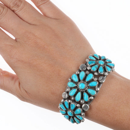 6.1" c1950 Vintage Zuni sterling silver turquoise cluster cuff bracelet
