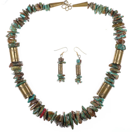 Tony Aguilar Sr (Kewa) Oversized turquoise/brass barrel bead necklace/earrings
