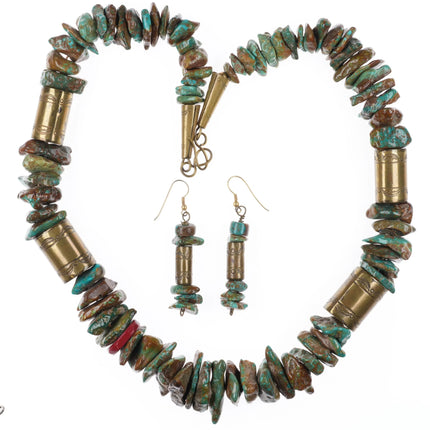 Tony Aguilar Sr (Kewa) Oversized turquoise/brass barrel bead necklace/earrings