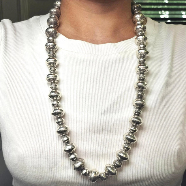 29" Large Navajo Pearls hand stamped sterling silver graduated beaded necklace