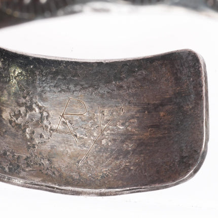 6.1" Nezzie Navajo sterling silver chip inlay cuff bracelet hand stamped edges - Estate Fresh Austin