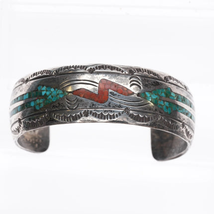 6.1" Nezzie Navajo sterling silver chip inlay cuff bracelet hand stamped edges - Estate Fresh Austin