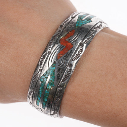 6.1" Nezzie Navajo sterling silver chip inlay cuff bracelet hand stamped edges - Estate Fresh Austin